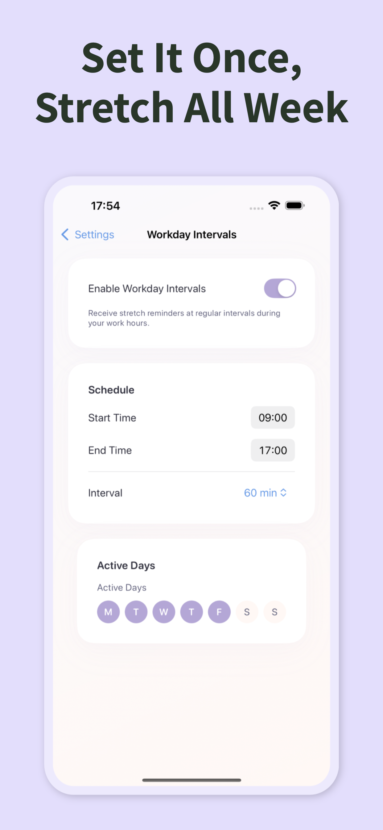 Stretch Break Timer - Workday Intervals - Automatic scheduling 9-5 Mon-Fri